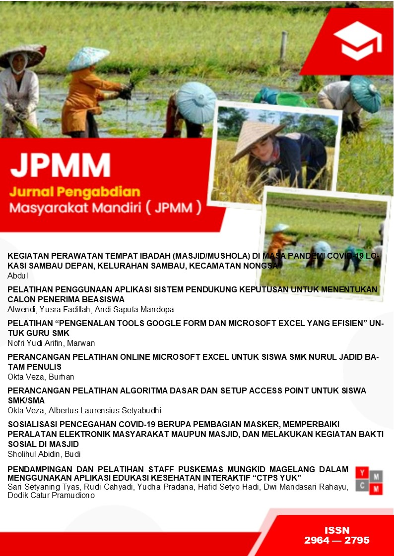 					View Vol. 1 No. 01 (2022): Jurnal Pengabdian Masyarakat Mandiri (JPMM)
				